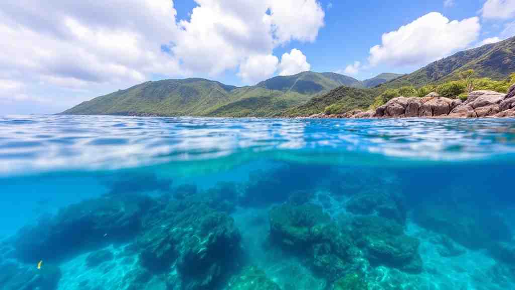 沖縄のきれいな水中と水面の両方がみえる画像